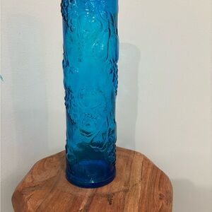 Vintage Empoli Italian Blue Glass Vase – Mid Century Grapes & Pear Relief – 12”